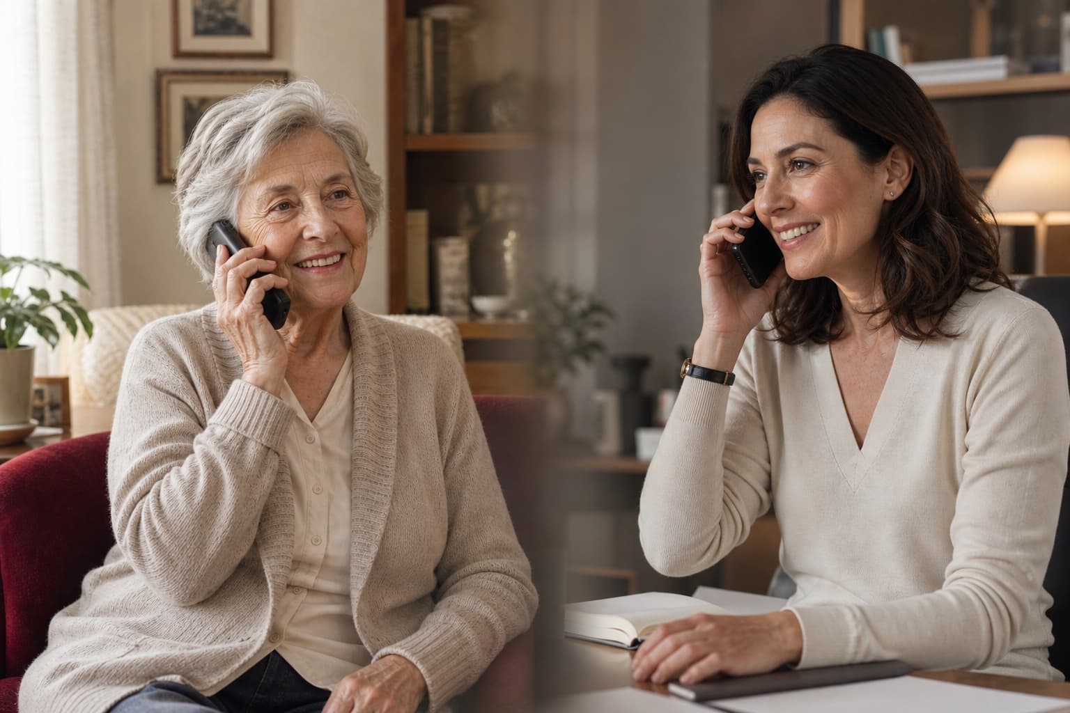 Una donna anziana parla al telefono e sorride. Accanto, in un altro ambiente, una donna adulta al telefono le risponde.